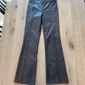 Brown Faux Leather Pull On Flare Pants